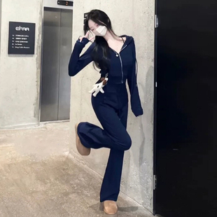 欲辣拉链短款休闲运动卫衣套装女连帽外套+高腰阔腿运动裤两件套