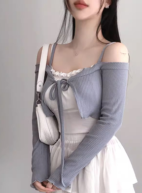 韩国东大门新品 甜美蓝色~性感女人味露肩系带短款修身外搭开衫潮