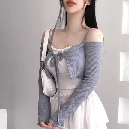 韩国东大门新品 甜美蓝色~性感女人味露肩系带短款修身外搭开衫潮