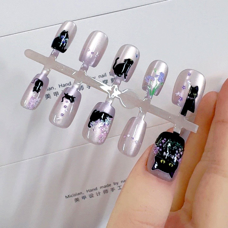 6163#纯手工穿戴甲新品半手工猫眼袁柠七美甲假指甲贴片成品