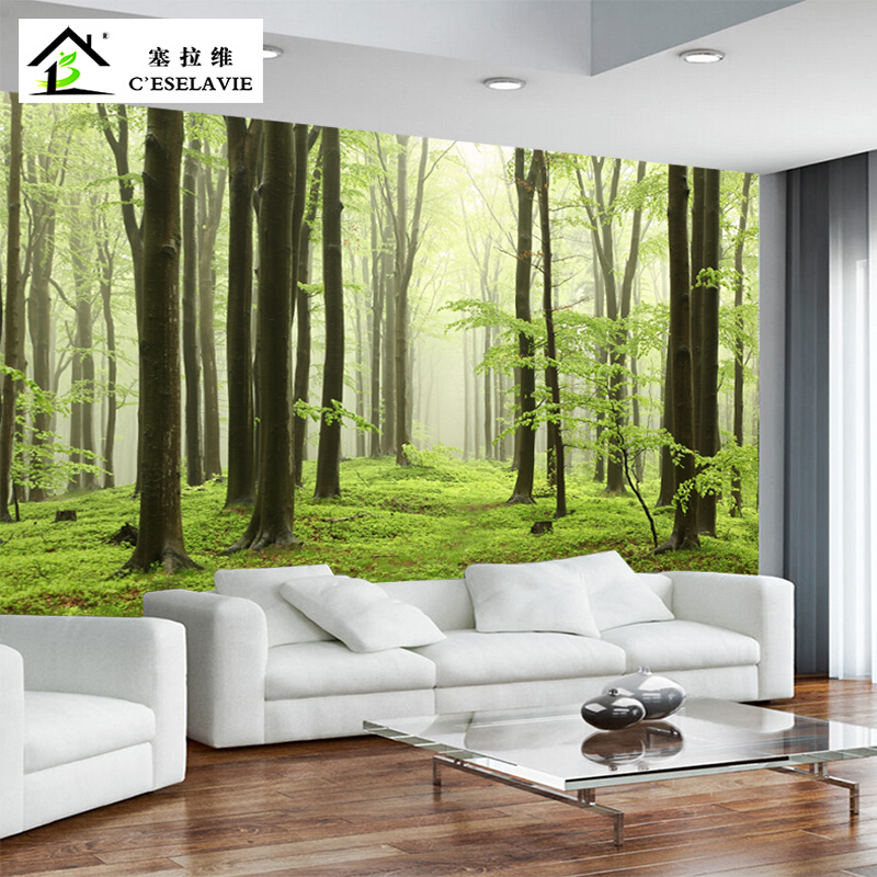 3D立体绿色树林墙纸森林风景沙发电视背景墙壁画壁纸无缝墙布定制