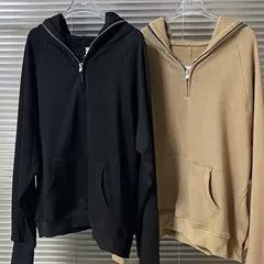 潮牌长袖 纯色半拉链外套袋鼠兜开衩打底叠穿风 连帽卫衣春秋款