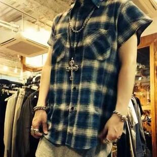 明亮叔出品春秋款定织定染3rd蓝格子坎肩高街宽松衬衫内外搭上衣