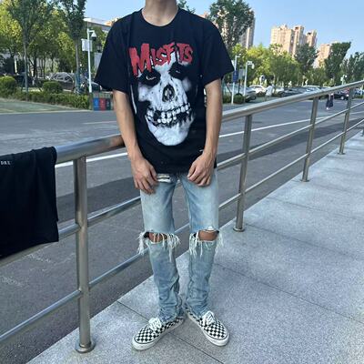 重磅双面骷髅白墨印花T恤
