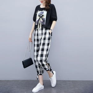 RM14833#大码女装2023夏款短袖洋气两件套胖MM遮肚显瘦T恤格子裤子套装潮