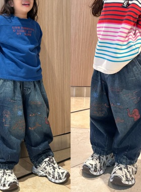 闲闲家25年冬季dd儿童加绒牛仔裤男女童日系卡通休闲宽松保暖长裤