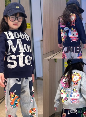 闲闲家冬季jam童装日系男女童宝宝加绒圆领套头卫衣儿童卡通上衣