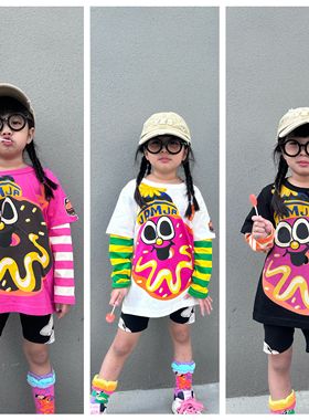 秋款jam童装儿童卡通甜甜圈可爱印花长袖T恤日系男女童假两件上衣