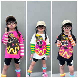 秋款jam童装儿童卡通甜甜圈可爱印花长袖T恤日系男女童假两件上衣