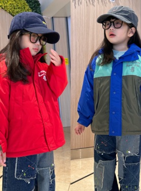 闲闲家25年冬季dd儿童拼接刺绣保暖外套男女童加厚红色棉服上衣