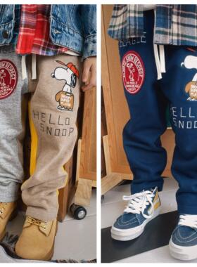 新款日系dd童装秋季男女童卡通史努狗刺绣徽章运动卫裤儿童长裤子