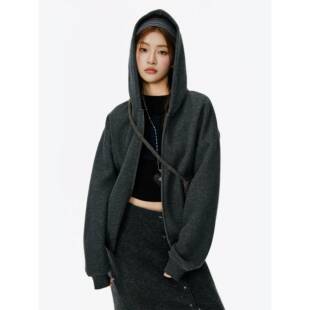 400G重磅拉链连帽卫衣外套薄款女秋季韩系初秋早秋深灰色休闲开衫