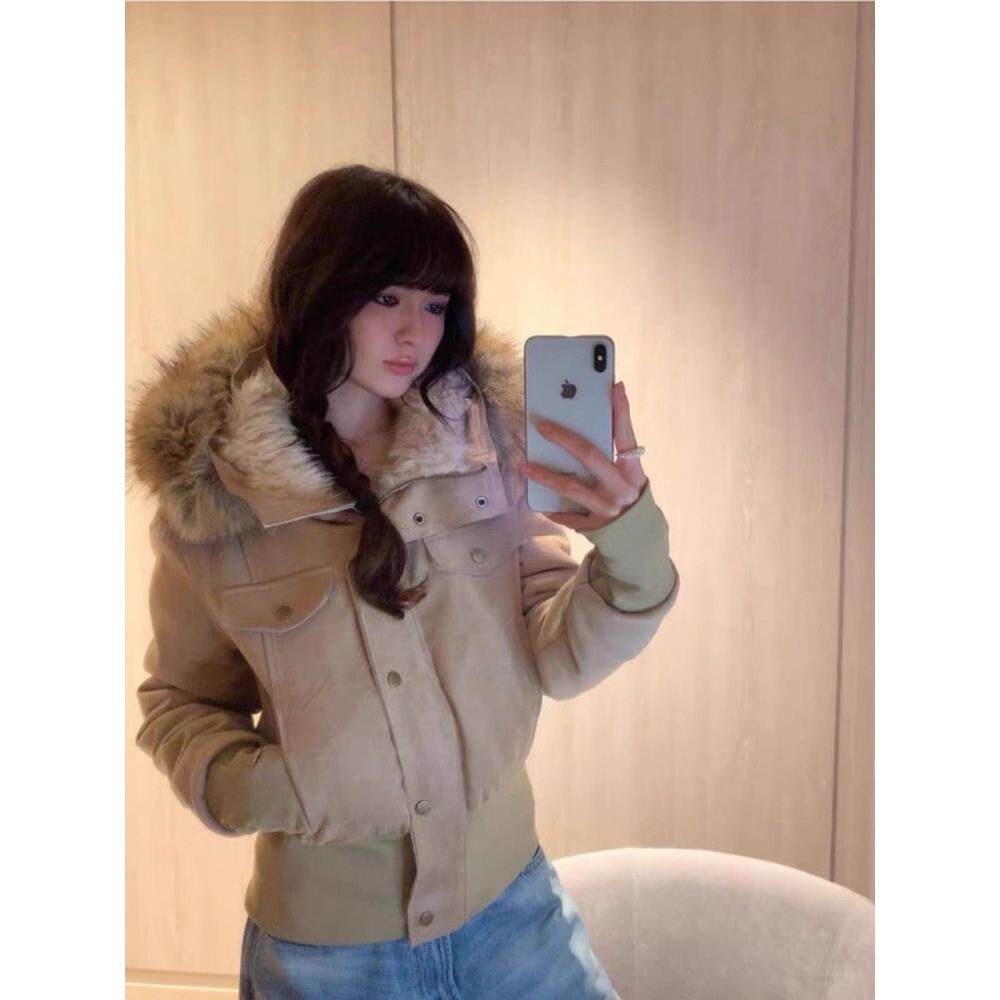 美式覆古连帽大毛领短款麂皮夹克外套女冬季修身加绒加厚保暖上衣