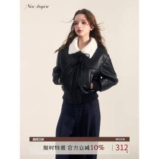 NEW EMPIRE25冬季皮毛一体机车服夹克加厚加绒黑色皮衣外套女