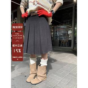 馨帮帮 梨形伯克利裙子女秋冬学院风A字短裙灰色毛呢百褶半身裙