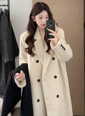 燕麦色毛呢大衣女2025秋冬新款正肩呢子高级感长款加厚羊毛呢外套