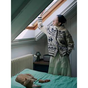 一方二集 覆古北欧粗棒针麋鹿提花全羊毛针织开衫加厚大毛衣外套