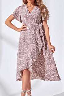 2024跨境欧美风度假不规则性感收腰碎花短袖连衣裙女希音大码女装