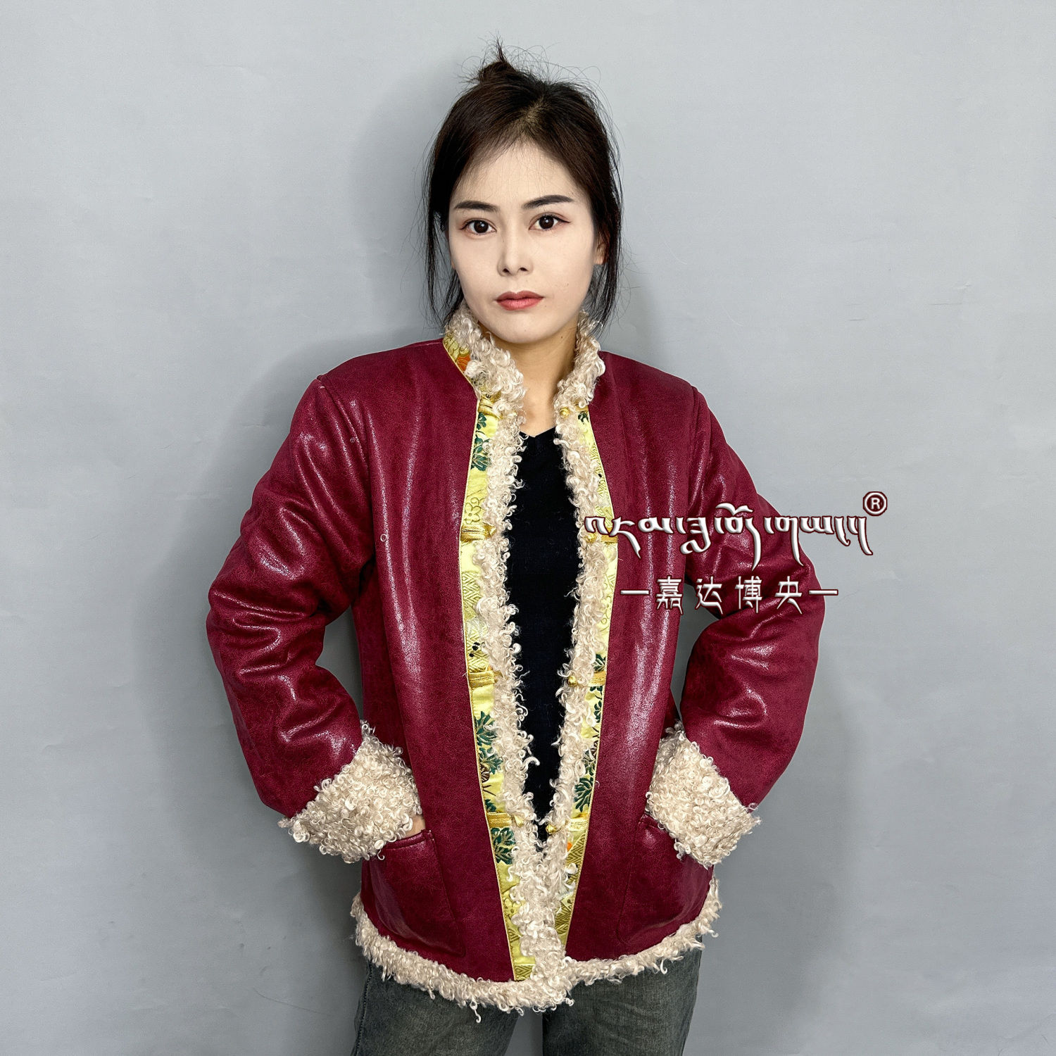 西藏藏族复合皮加绒女加厚棉服民族风保暖外搭藏装带口袋棉服包邮