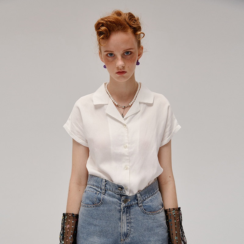 csyh设计师品牌 法式衬衫复古 赫本风文艺白色翻领衬衫女 短袖