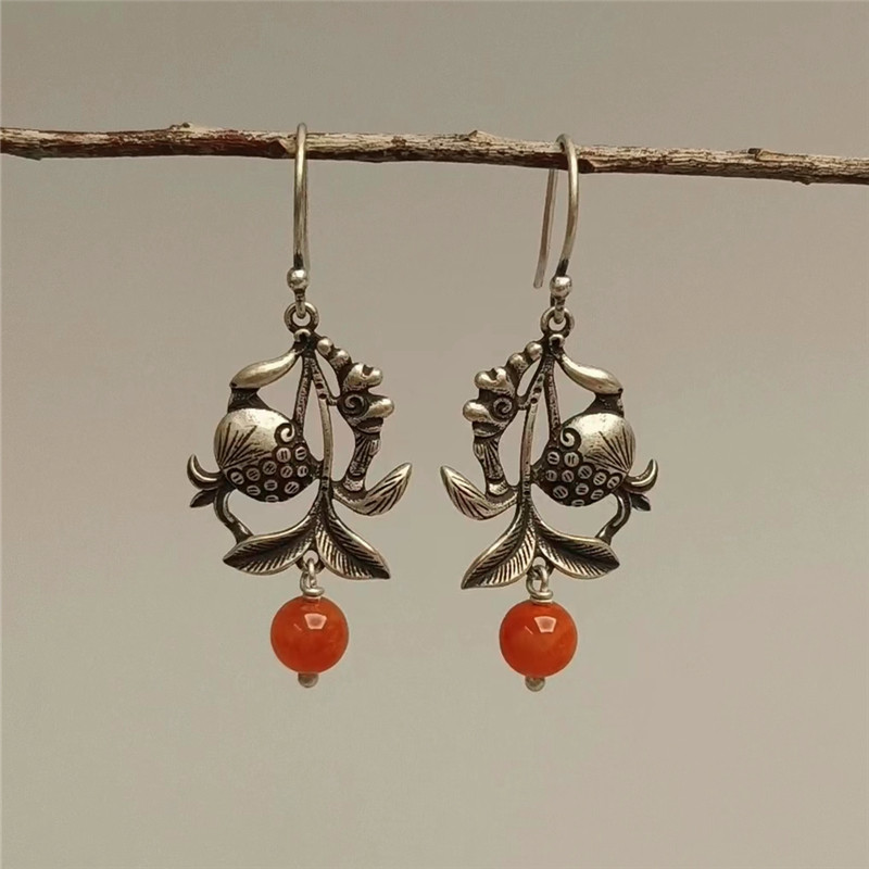 梵灵新中式复古石榴纹样耳环天然南红做旧古董银s925纯银周韵腔调
