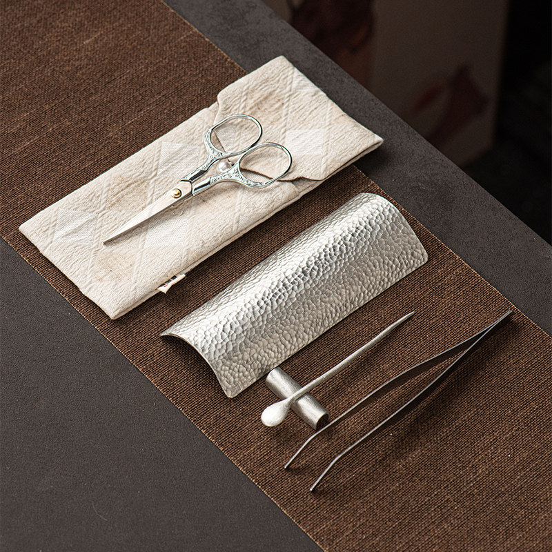 便携茶道工具户外旅游茶具配件纯锡茶则茶勺茶匙茶夹茶剪收纳套装