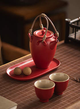 手工陶瓷茶壶藤编提梁壶一壶二杯小型功夫茶具茶杯中国风泡茶器