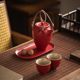 手工陶瓷茶壶藤编提梁壶一壶二杯小型功夫茶具茶杯中国风泡茶器