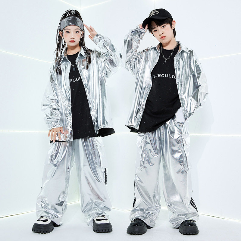 街舞儿童潮服演出服银色皮衣hiphop定制男童套装童装爵士酷炫炸街