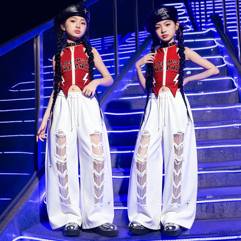 爵士舞服装女童潮酷时髦夏季儿童喜庆演出服红色女孩走秀潮服舞蹈