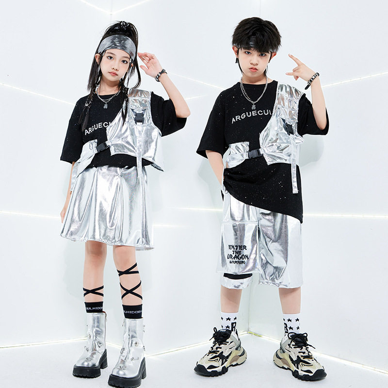 街舞儿童潮服演出服男童套装hiphop童装定制女爵士舞走秀银色马甲