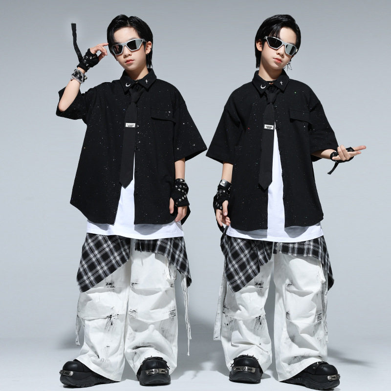 街舞潮服儿童嘻哈酷帅衬衫套装hiphop男童少儿舞台表演出服装