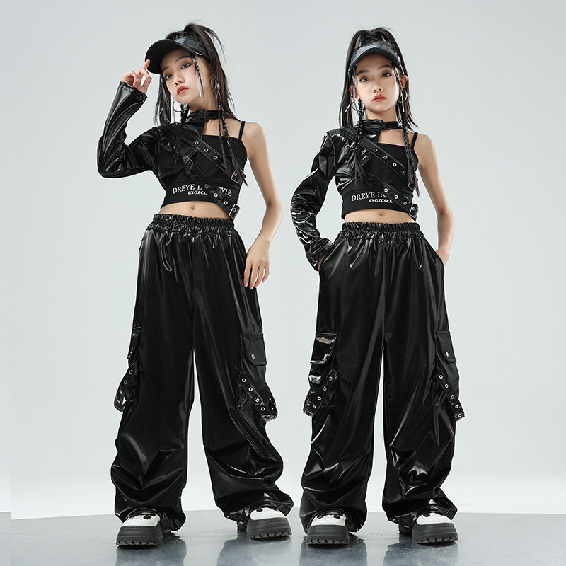 儿童爵士舞服装单袖皮衣套装露脐JAZZ街舞演出服女童舞蹈走秀潮服