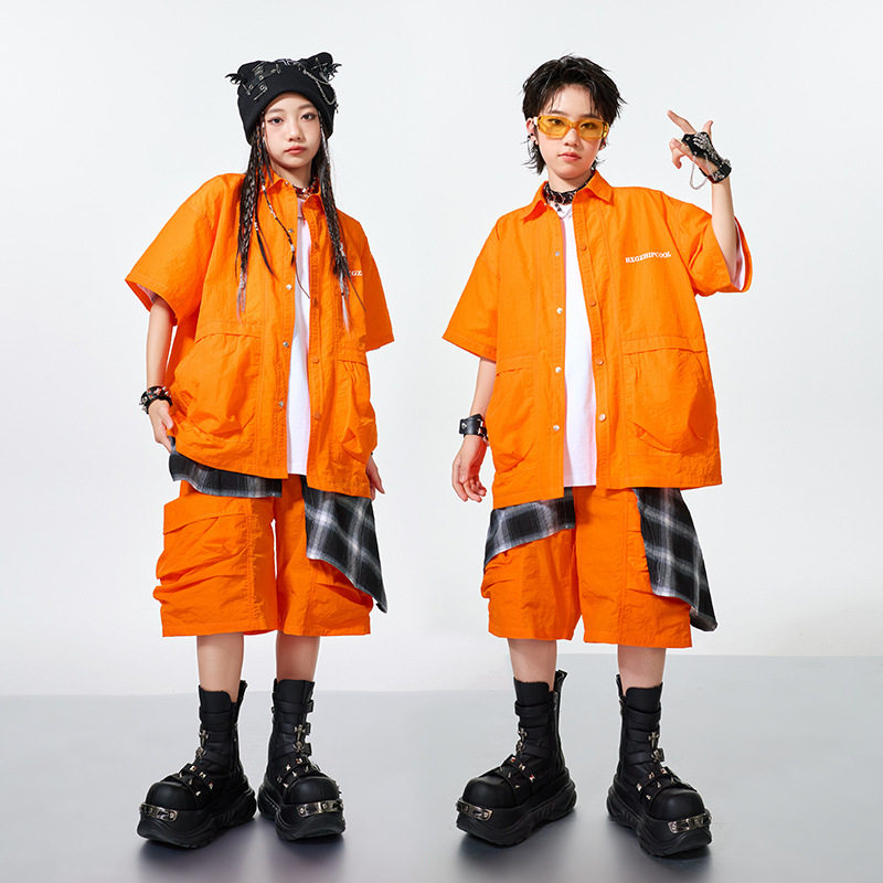 儿童街舞潮服演出服男童桔色套装hiphop童装少儿嘻哈爵士舞