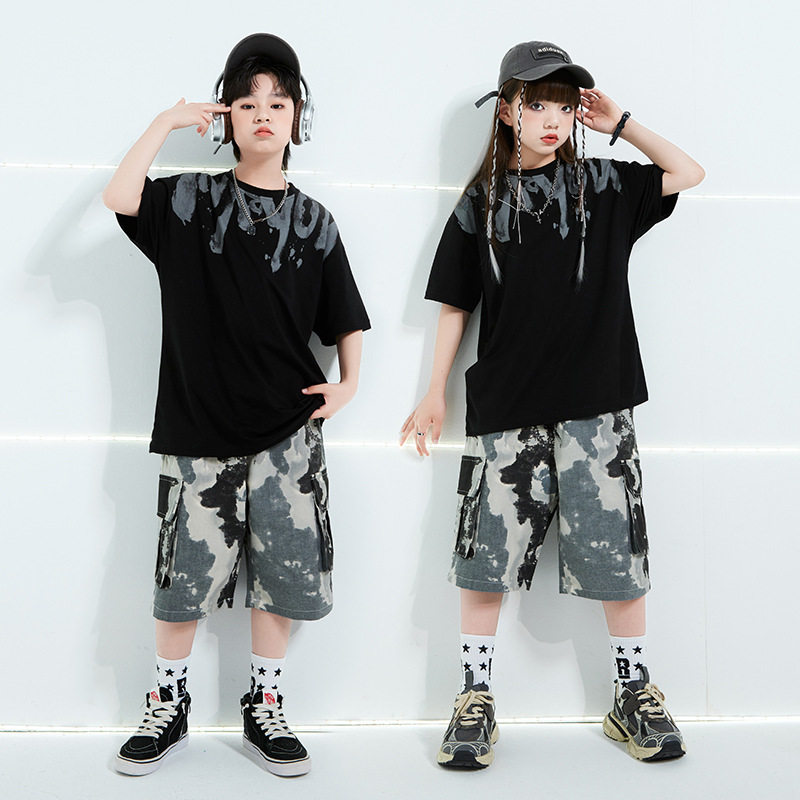 街舞儿童潮服定制黑白潮牌T恤男童套装hiphop童装演出服女孩走秀