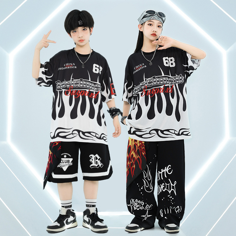 儿童街舞hiphop演出服嘻哈男孩酷帅夏季女童少儿架子鼓套装时髦