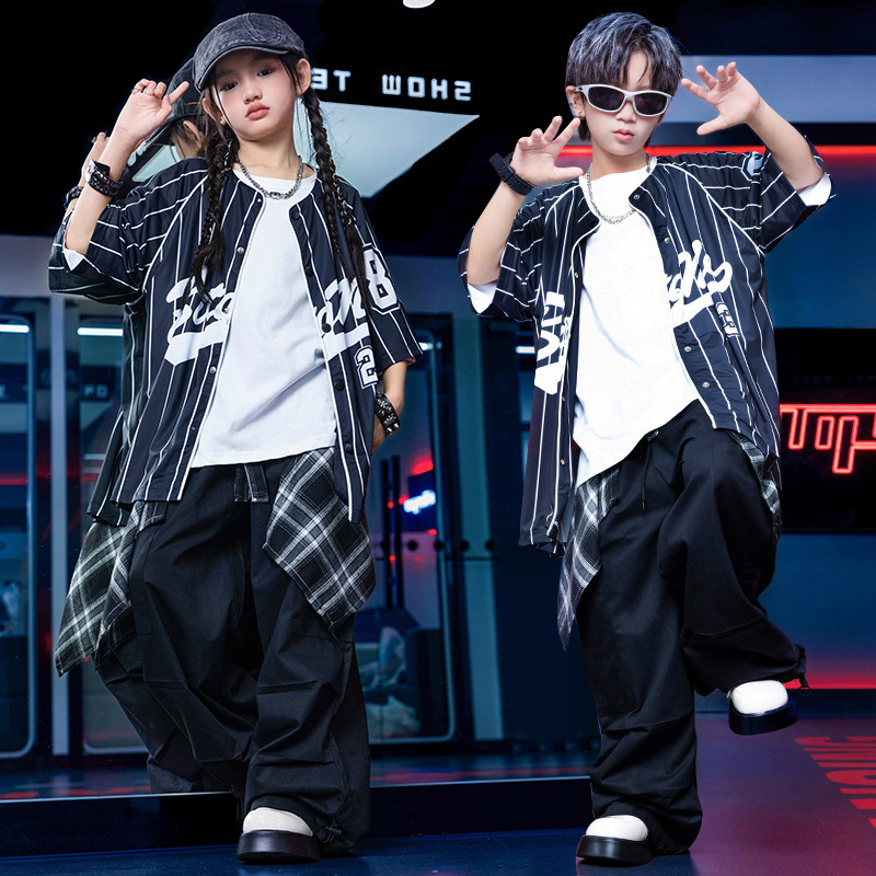 街舞儿童潮服嘻哈风衬衫棒球服裤子套装男女通少儿hiphop表