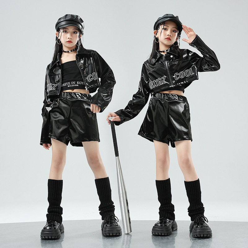 儿童爵士舞服装皮衣套装露脐JAZZ街舞演出服女童舞蹈走秀潮服时髦