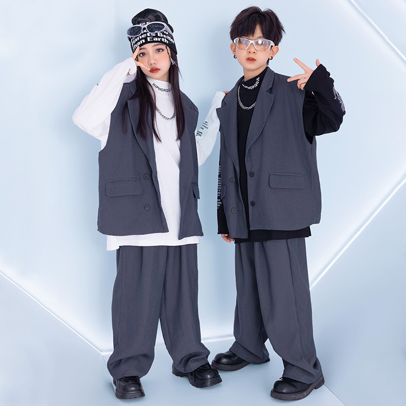 街舞儿童潮服男童定制hiphop套装女童爵士舞服走秀西服酷帅演出服