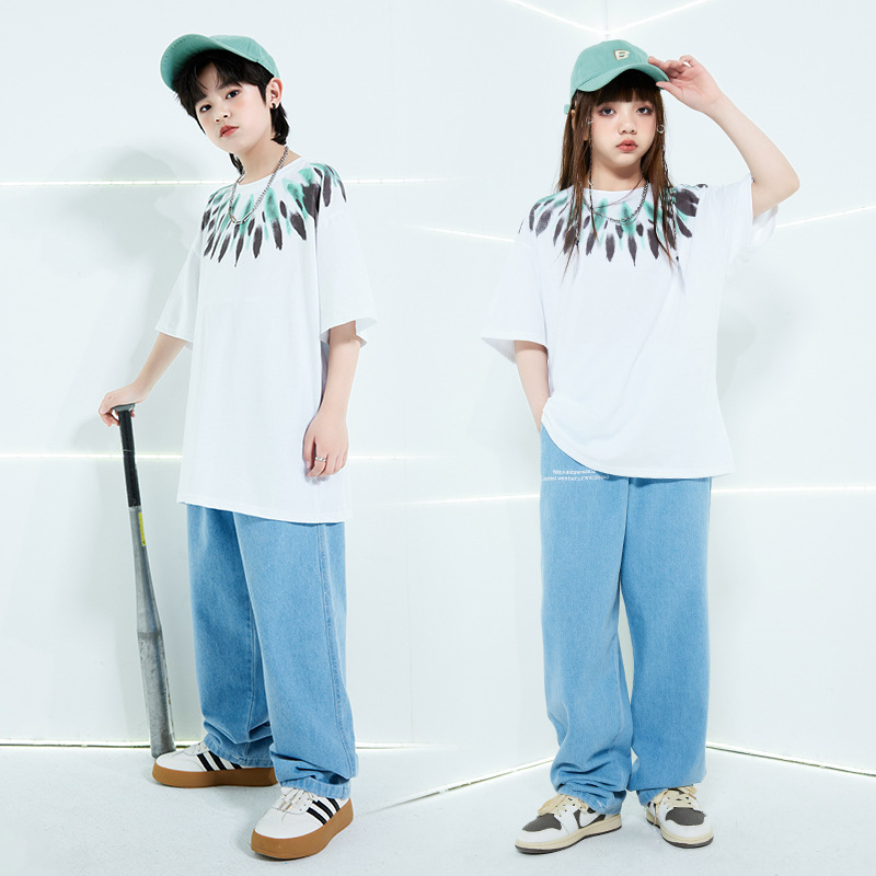 儿童街舞套装hiphop潮服白色潮牌T恤演出服男童定制爵士女走秀春