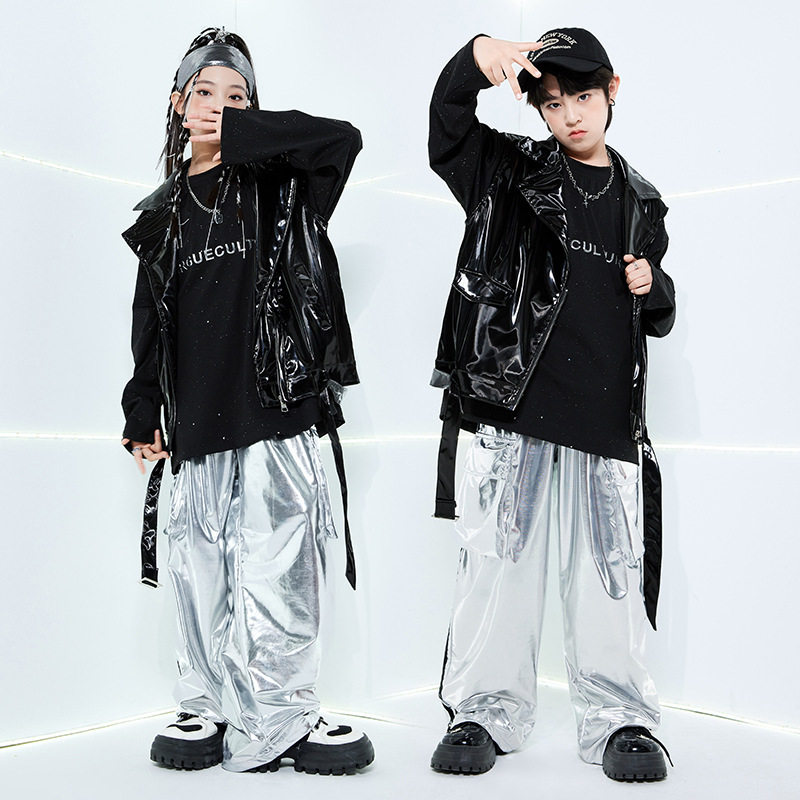 儿童街舞潮服演出服男童套装hiphop童装定制少儿爵士舞皮衣马甲秋
