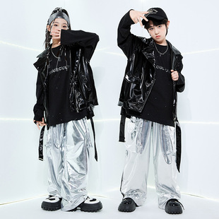 儿童街舞潮服演出服男童套装hiphop童装定制少儿爵士舞皮衣马甲秋
