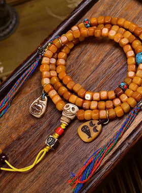 藏传回流骨108颗佛珠念珠雕刻方珠多圈手串牦牛骨三通配饰文玩