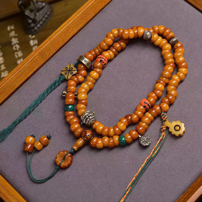 藏传回流牦牛骨108颗佛珠念珠大肠珠脖挂藏式流苏玛瑙料器配饰