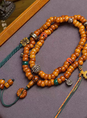 藏传回流牦牛骨108颗佛珠念珠大肠珠脖挂藏式流苏玛瑙料器配饰