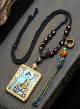 藏式文玩手工编织绳项链手绘描金药师佛唐卡佛牌挂坠复古毛衣链