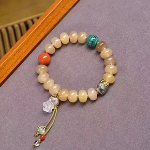 藏区羊角竹丝纹盘珠文玩手串单圈藏式红玛瑙白水晶松石配饰手链