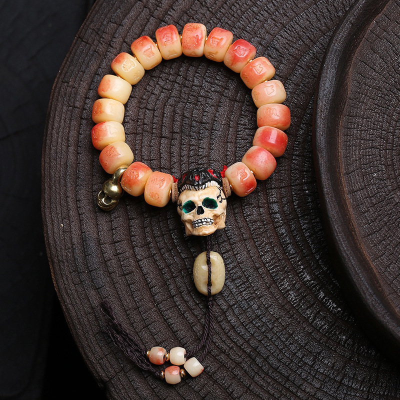 天然半血骆驼骨桶珠雕刻六字真言手串单圈文玩葫芦根付尸陀林配饰