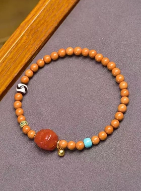 天然橄榄核手链女圆珠子单圈复古南红玛瑙松石根付白水晶天珠配饰