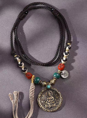 藏区老天铁黄财神吊坠手工编制绳项链锁骨链铜包边挂绳挂脖毛衣链